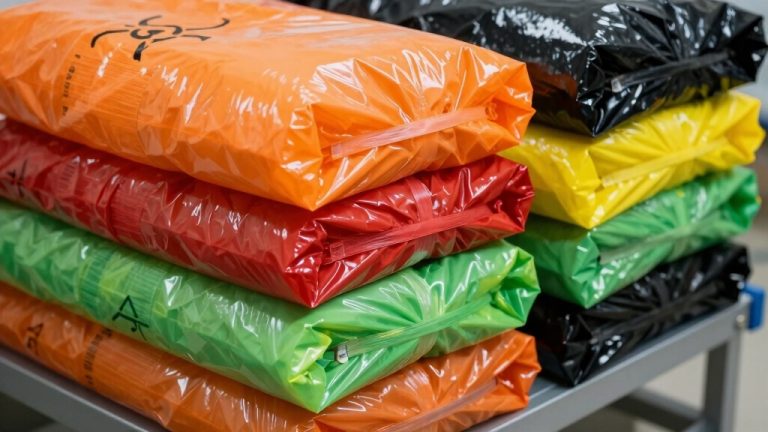 bright red orange infectious waste bags